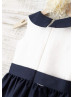 Ivory Navy Blue Stripe Taffeta Knee Length Flower Girl Dress